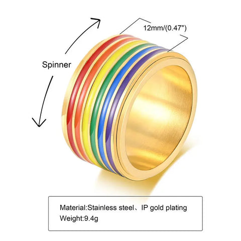 Rainbow Lgbtq Pride Fidget Spinner Ring in Stainless Steel