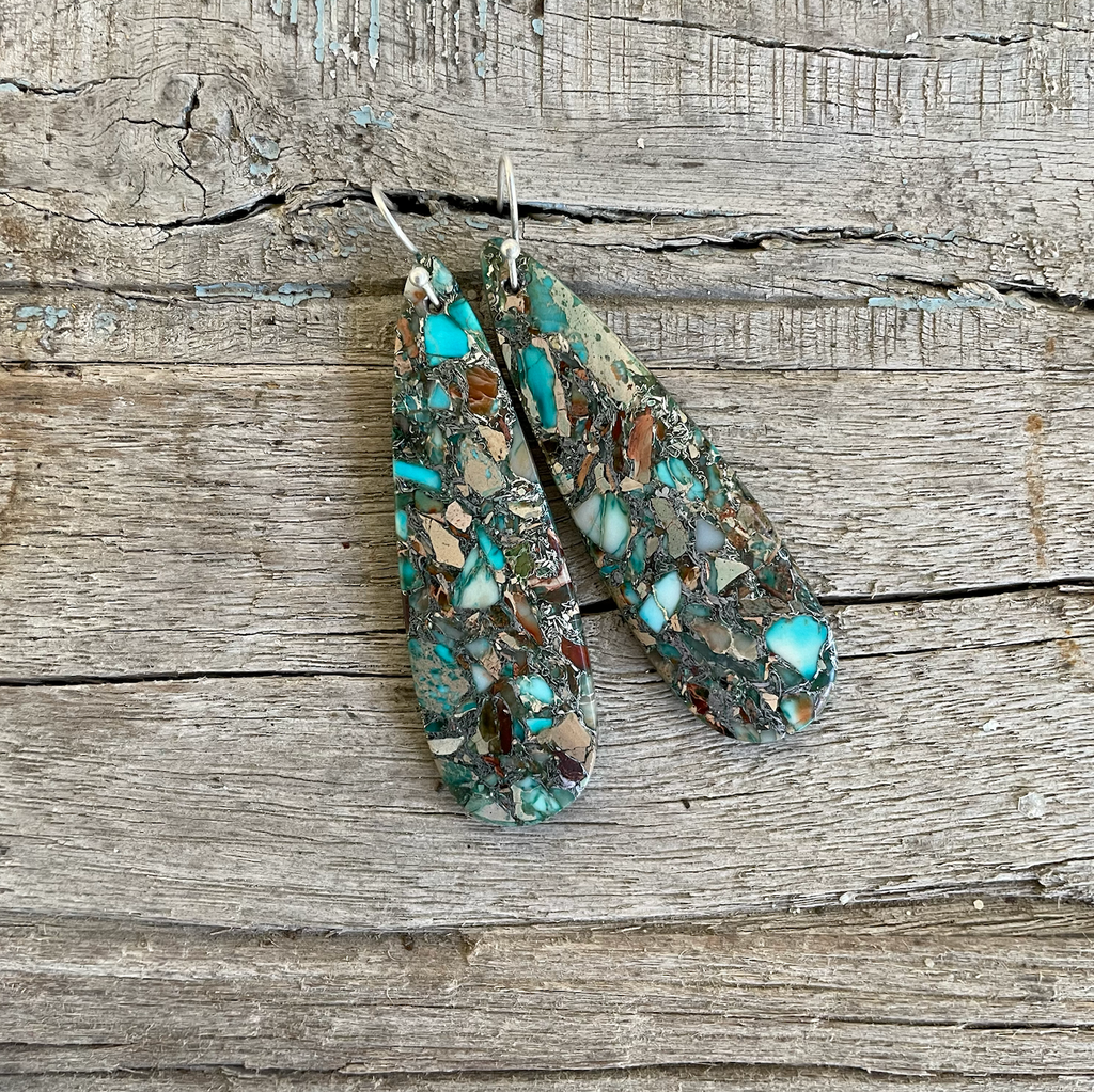 Ocean Blue Impression Jasper & Pyrite Long Teardrop Earrings