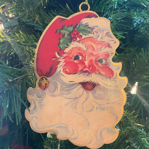 Vintage 2-Sided Metal Santa Ornament