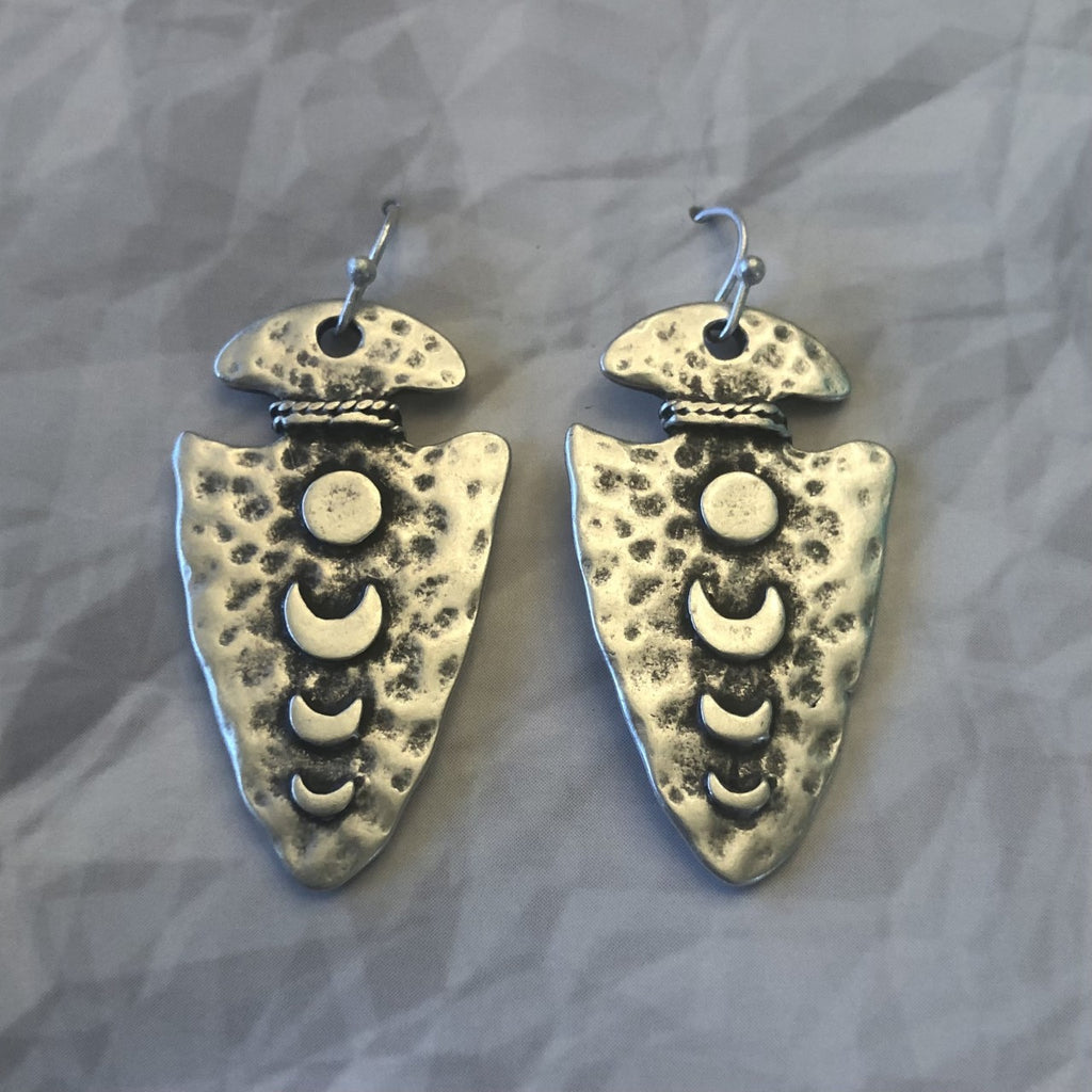 Silver Hammered Arrowhead Moon Phases Earrings