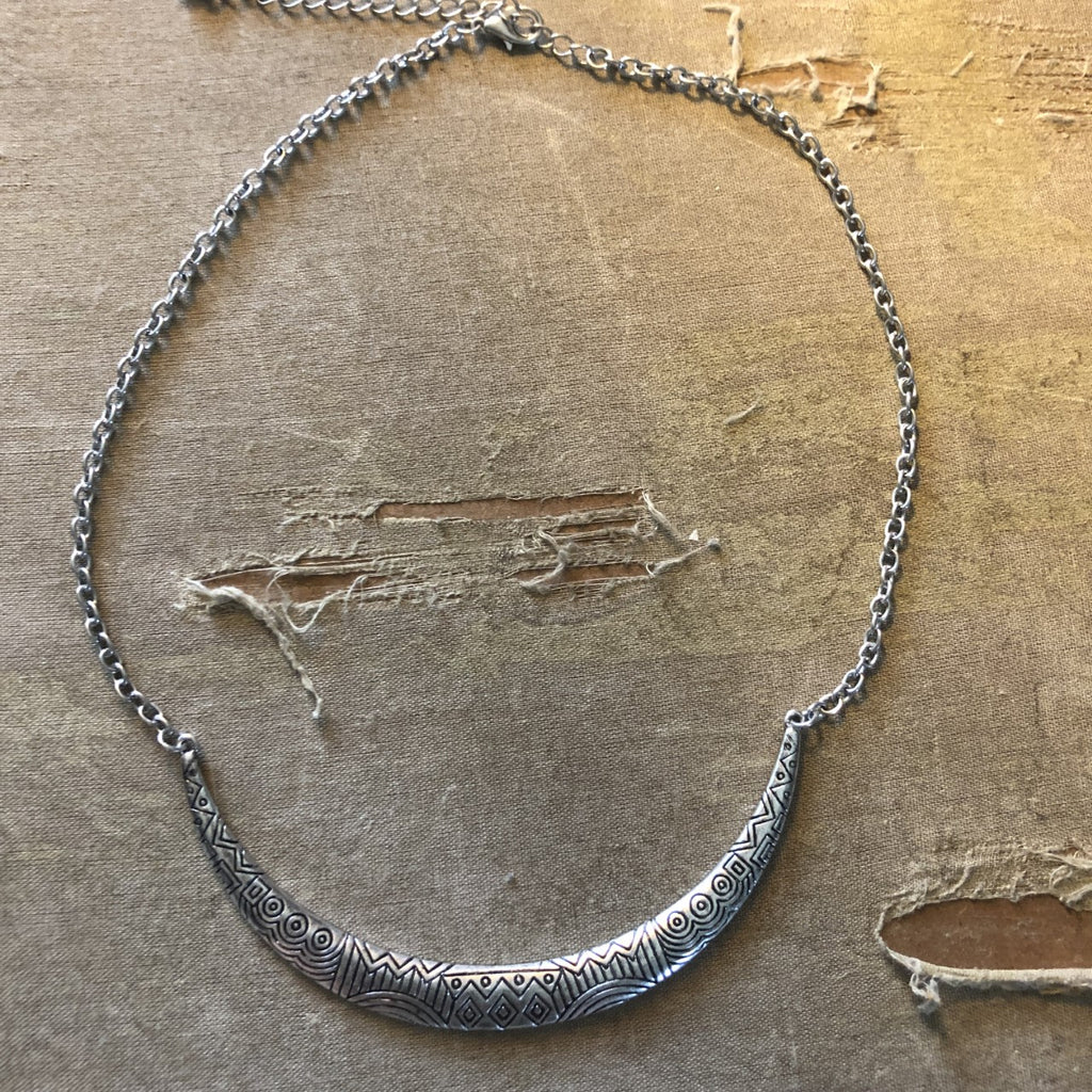 Silver Etched Crescent Bib Necklace