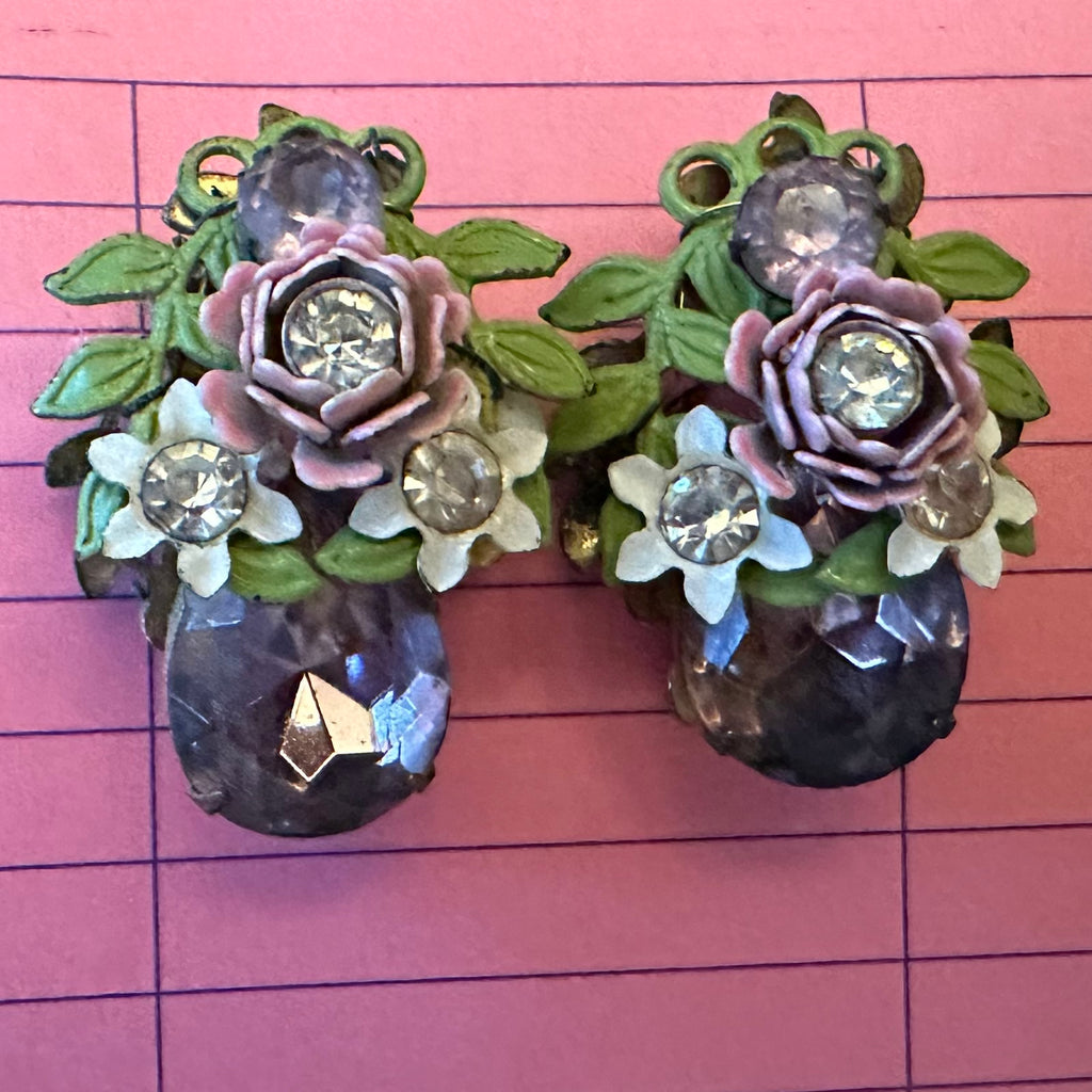 Pink Rhinestone Flowered Clip Earrings