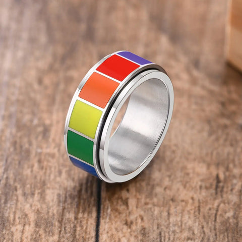 Rainbow Lgbtq Pride Fidget Spinner Ring in Stainless Steel