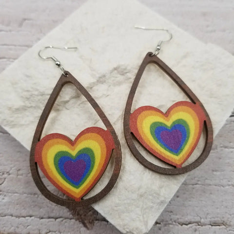 Rainbow Heart Wood Earrings