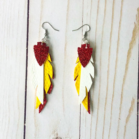 Kansas City Feather Arrowhead Glitter Red and Yellow Faux Leather Earrings