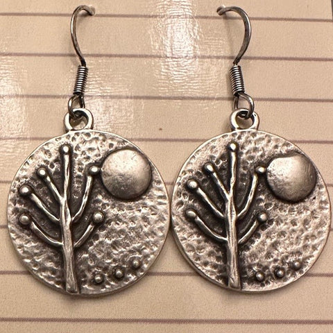 Tree Moon Silver Hammered Earrings