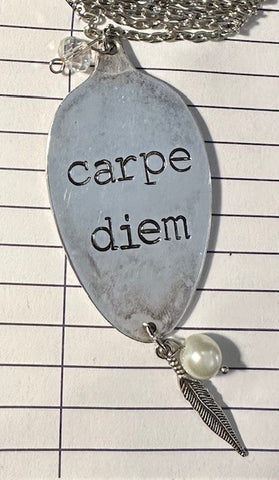 Stamped Spoon Necklace Carpe Diem with Feather & Pearl