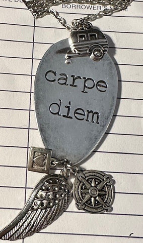 Stamped Spoon Necklace Carpe Diem with Camper Charm