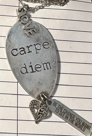 Stamped Spoon Necklace with Carpe Diem and Love Charm