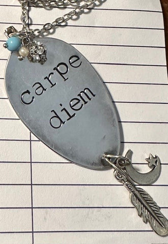 Stamped Spoon Necklace Carpe Diem with Moon/Star & Feather