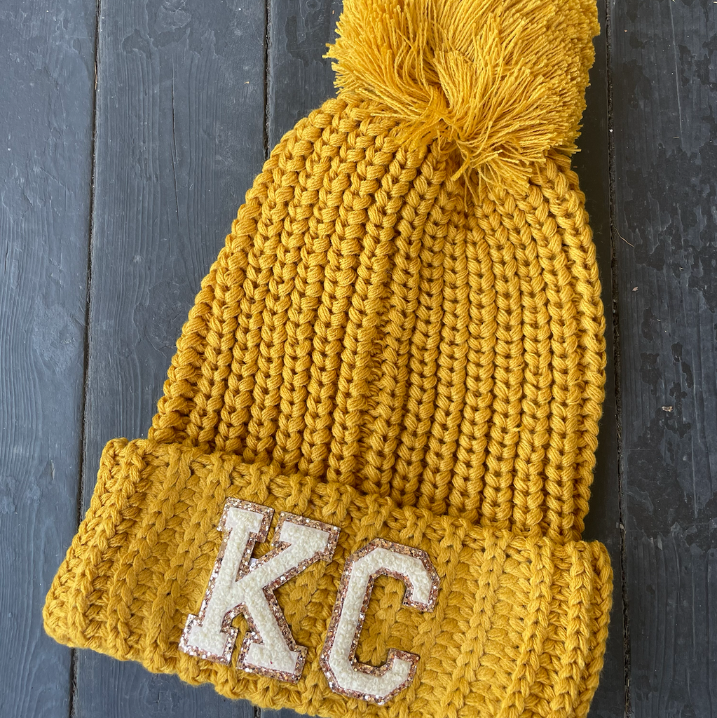 Chunky Cable Gold KC Beanie with Pom