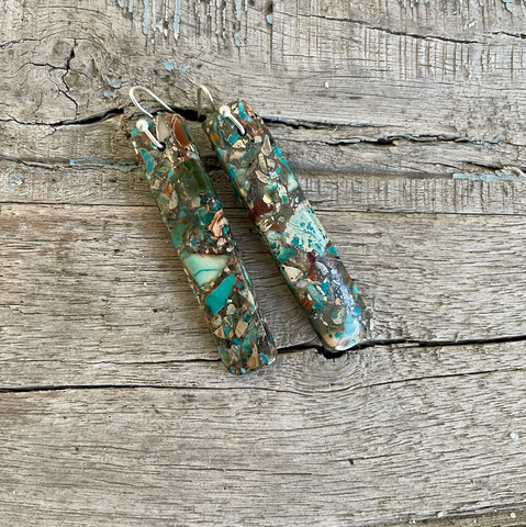 Ocean Blue Impression Jasper & Pyrite Rectangle Earrings