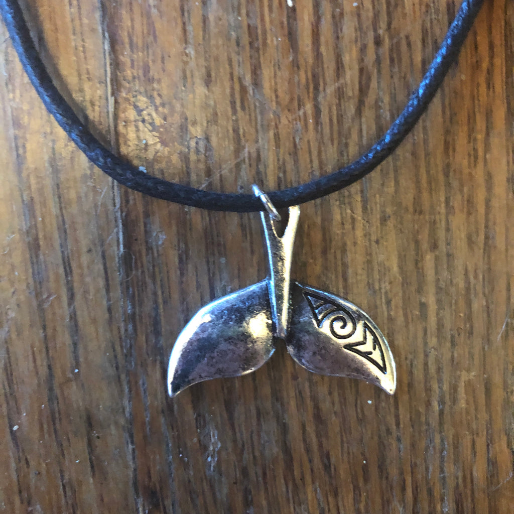 Silver Whale Tail & Black Leather Unisex Necklace