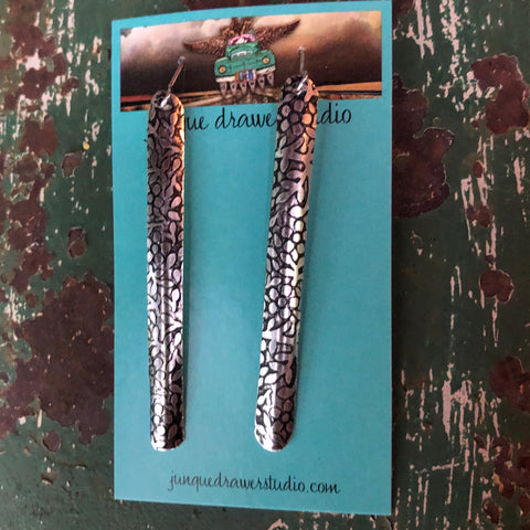 Silver metal etched bar earrings