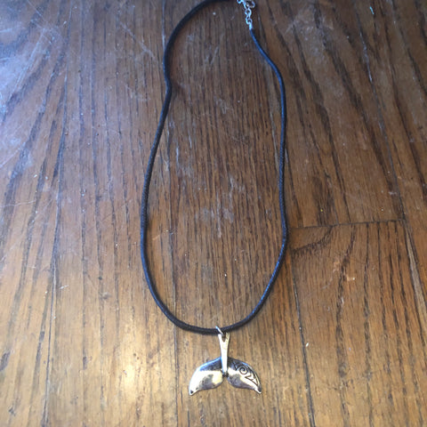 Silver Whale Tail & Black Leather Unisex Necklace