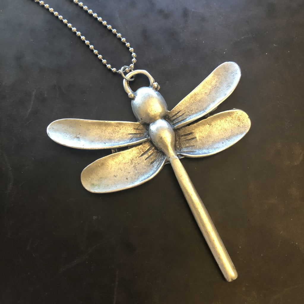 Dragonfly silver  pendant on necklace (large!)