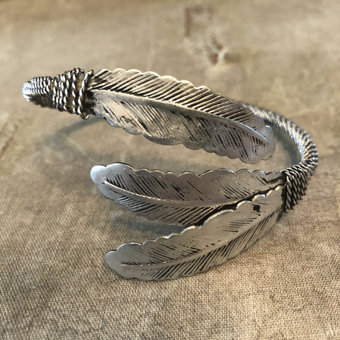 Antique Silver Three Feather Bangle Bracelet