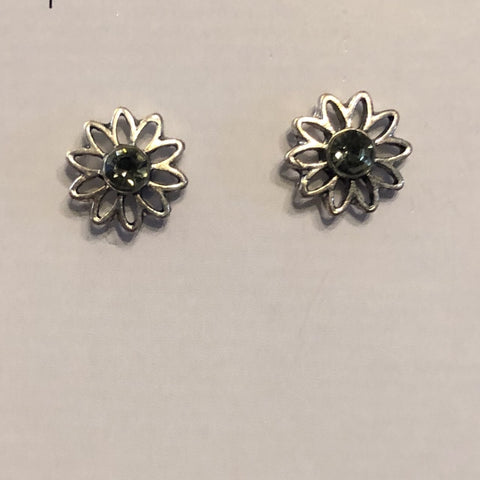 Antiqued Silver Flower & Crystal Post Earrings