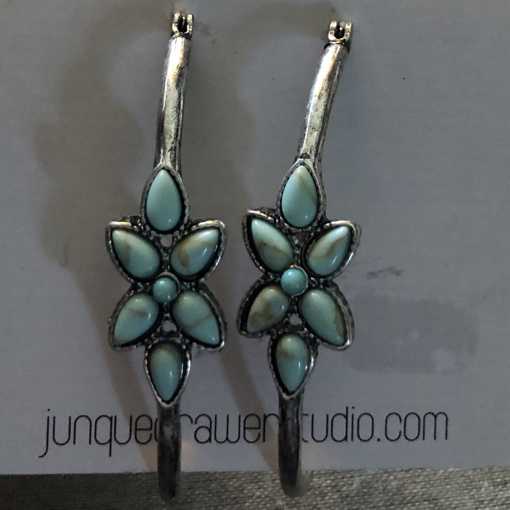 Turquoise Wild Flower Silver Hoop Earrings